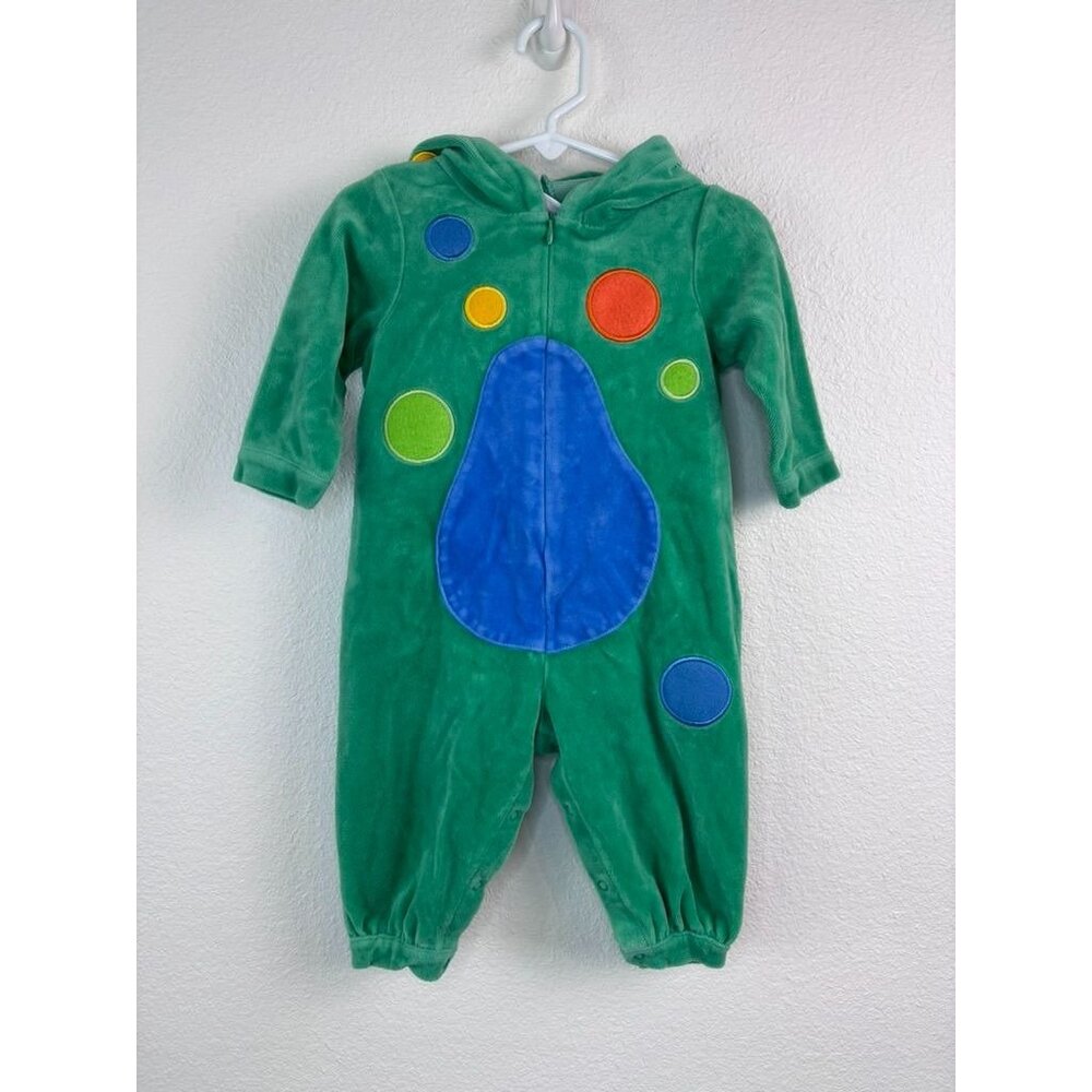 Vintage Parisian Kids baby 12 months green dino sleeper costume hooded zip up
